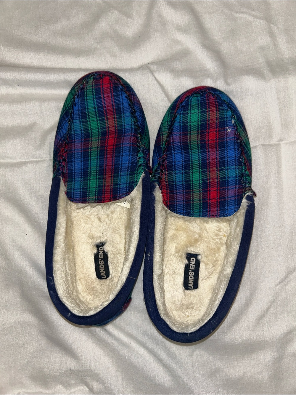 Lands' End Plaid Moccasin Slippers in Red, Green & Blue